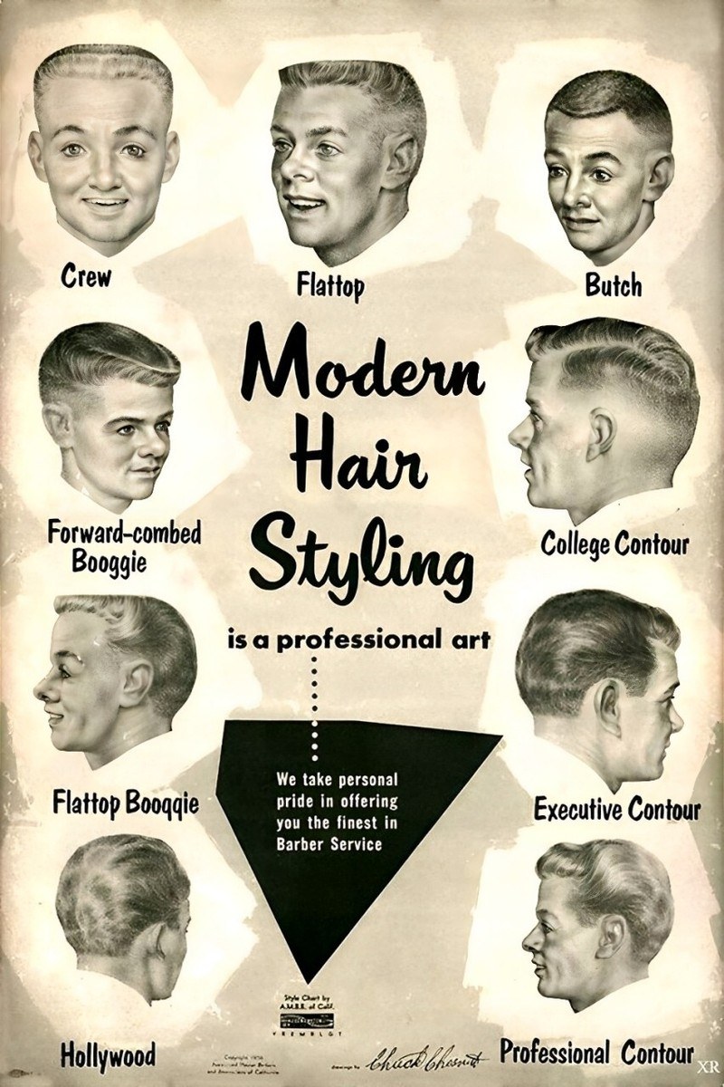 Vintage 1956 barber poster reading Modern Hair Styling is a professional art, with drawings of nine men's haircuts: Crew, Flattop, Butch, Forward-Combed Boogie, College Contour, Flattop Boogie, Executive Contour, Hollywood, and Professional Contour.
