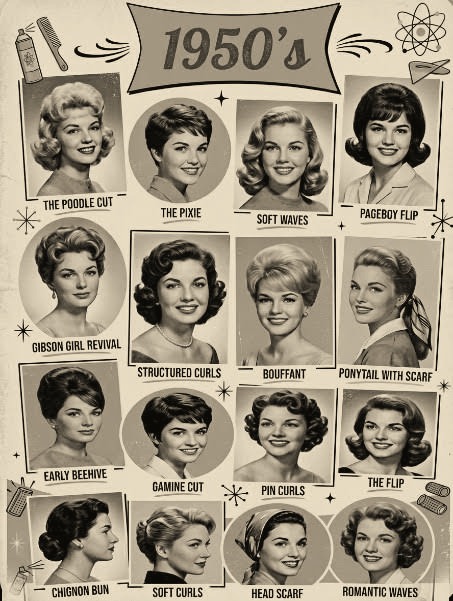 Illustrated poster of sixteen 1950s women's hair styles: The Poodle Cut, The Pixie, Soft Waves, Pageboy Flip, Gibson Girl Revival, Structured Curls, Bouffant, Ponytail with Scarf, Early Beehive, Gamine Cut, Pin Curls, The Flip, Chignon Bun, Soft Curls, Head Scarf, and Romantic Waves.